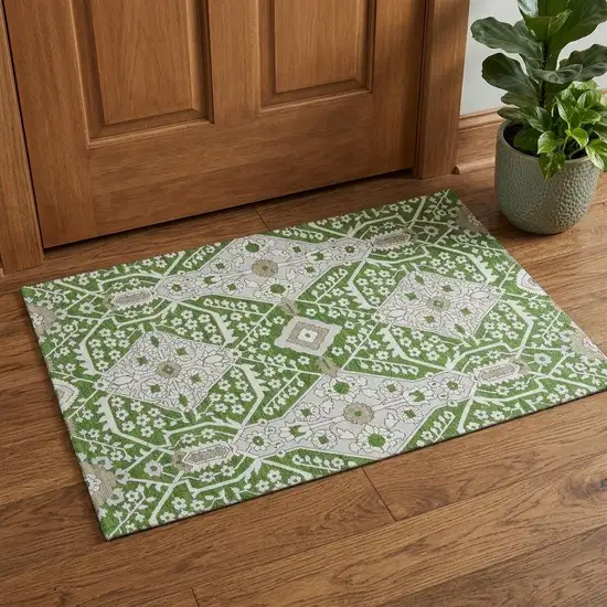 Green Ivory And Gray Floral Washable Area Rug With UV Protection Photo 1