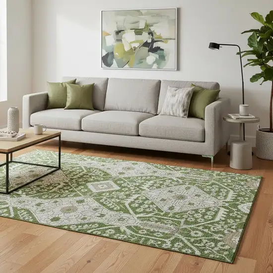 Green Ivory And Gray Floral Washable Area Rug With UV Protection Photo 1