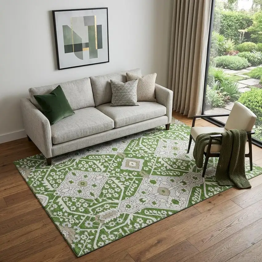 Green Ivory And Gray Floral Washable Area Rug With UV Protection Photo 1