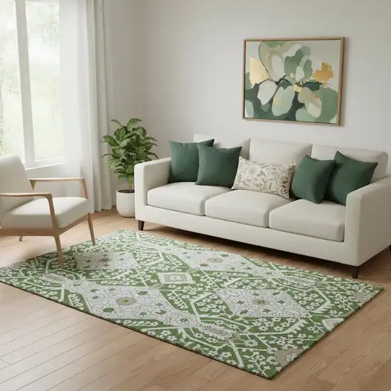 Green Ivory And Gray Floral Washable Area Rug With UV Protection Photo 1