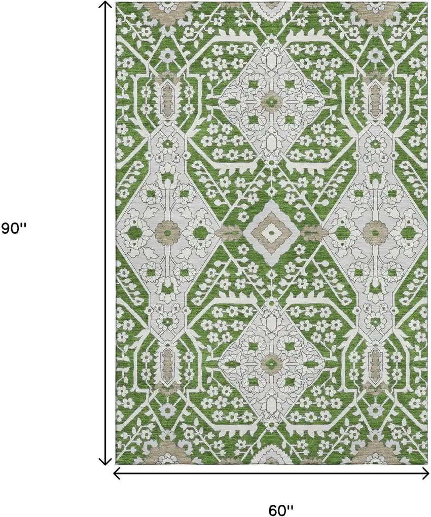 Green Ivory And Gray Floral Washable Area Rug With UV Protection Photo 3