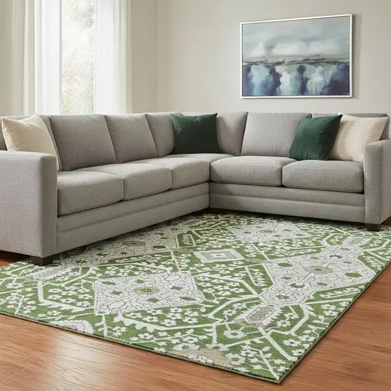 Green Ivory And Gray Floral Washable Area Rug With UV Protection Photo 1