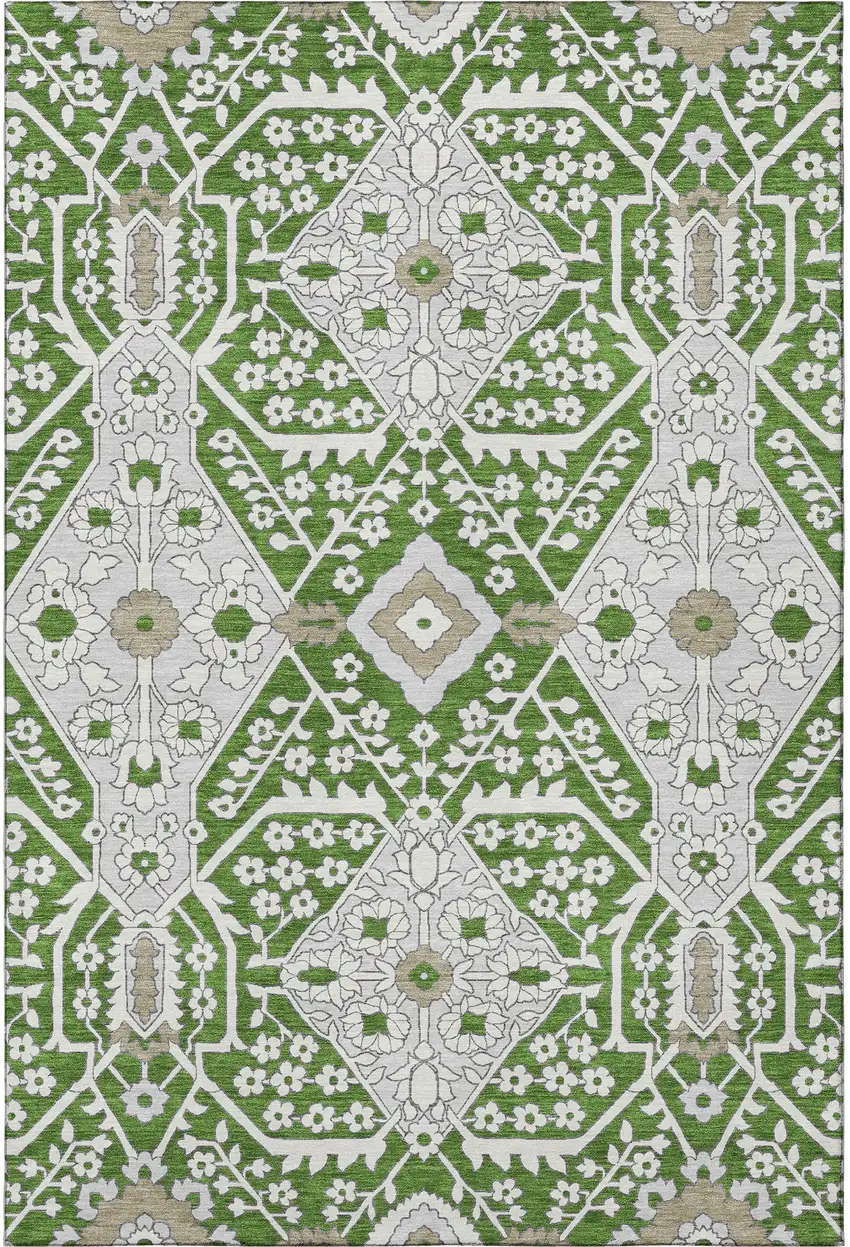 Green Ivory And Gray Floral Washable Area Rug With UV Protection Photo 5