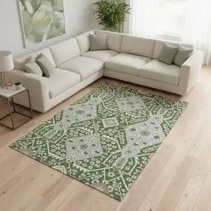 Photo of Green Ivory And Gray Floral Washable Area Rug With UV Protection