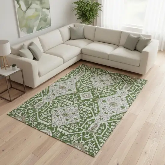 Green Ivory And Gray Floral Washable Area Rug With UV Protection Photo 1