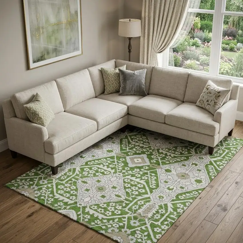 Green Ivory And Gray Floral Washable Area Rug With UV Protection Photo 1