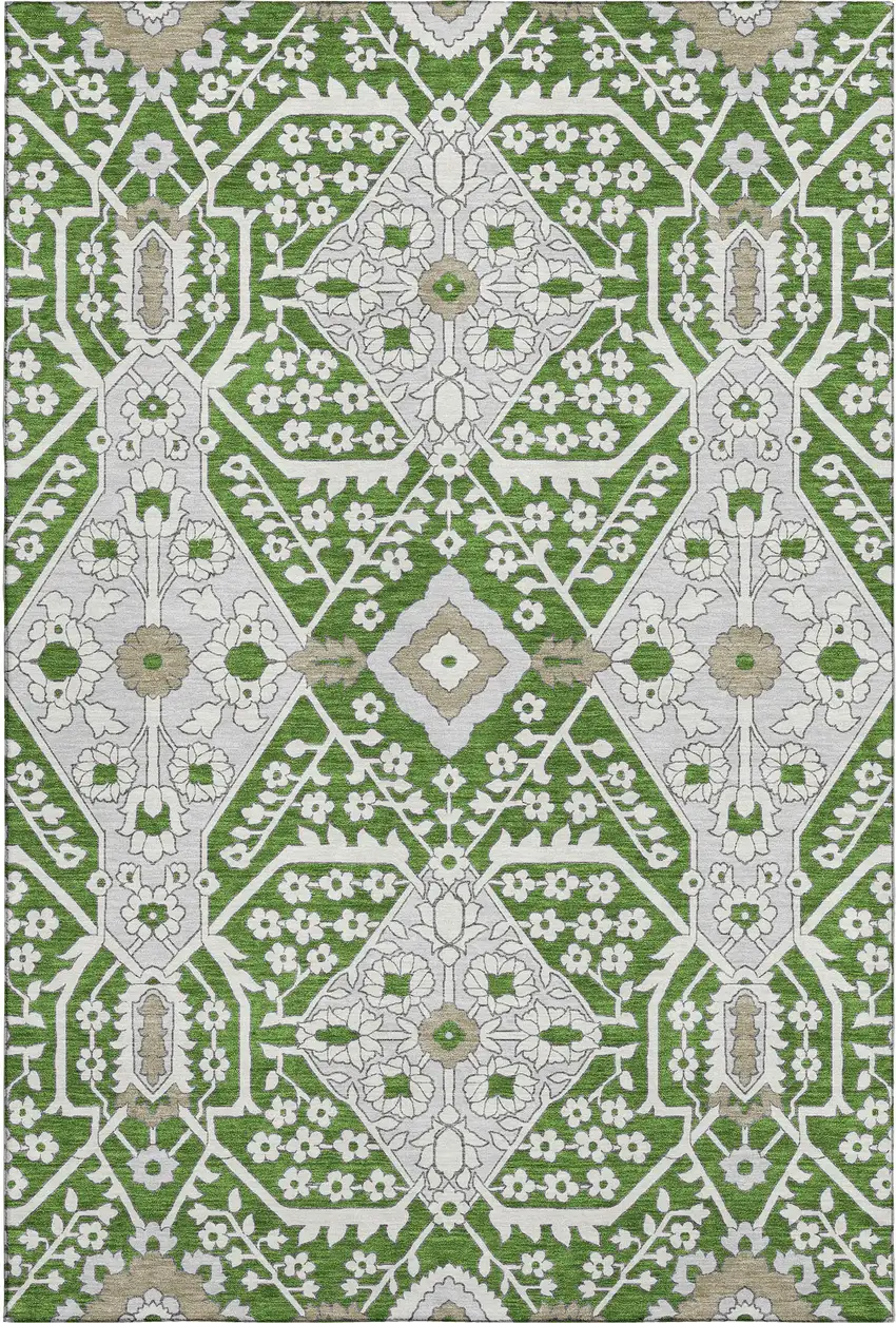 Green Ivory And Gray Floral Washable Area Rug With UV Protection Photo 2