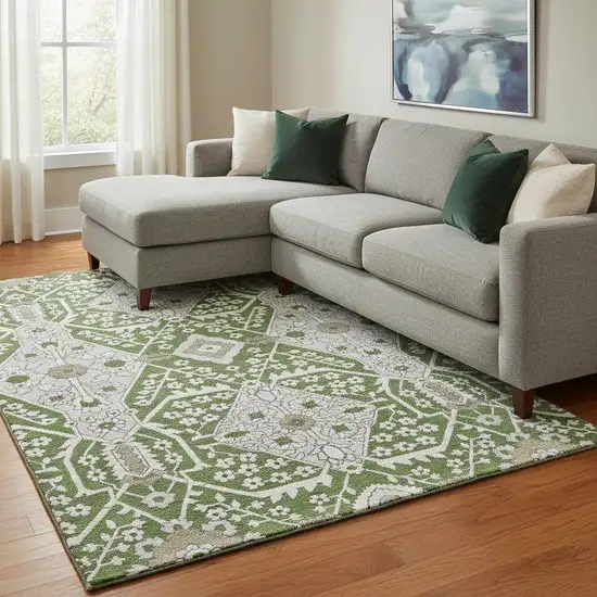 Green Ivory And Gray Floral Washable Area Rug With UV Protection Photo 1