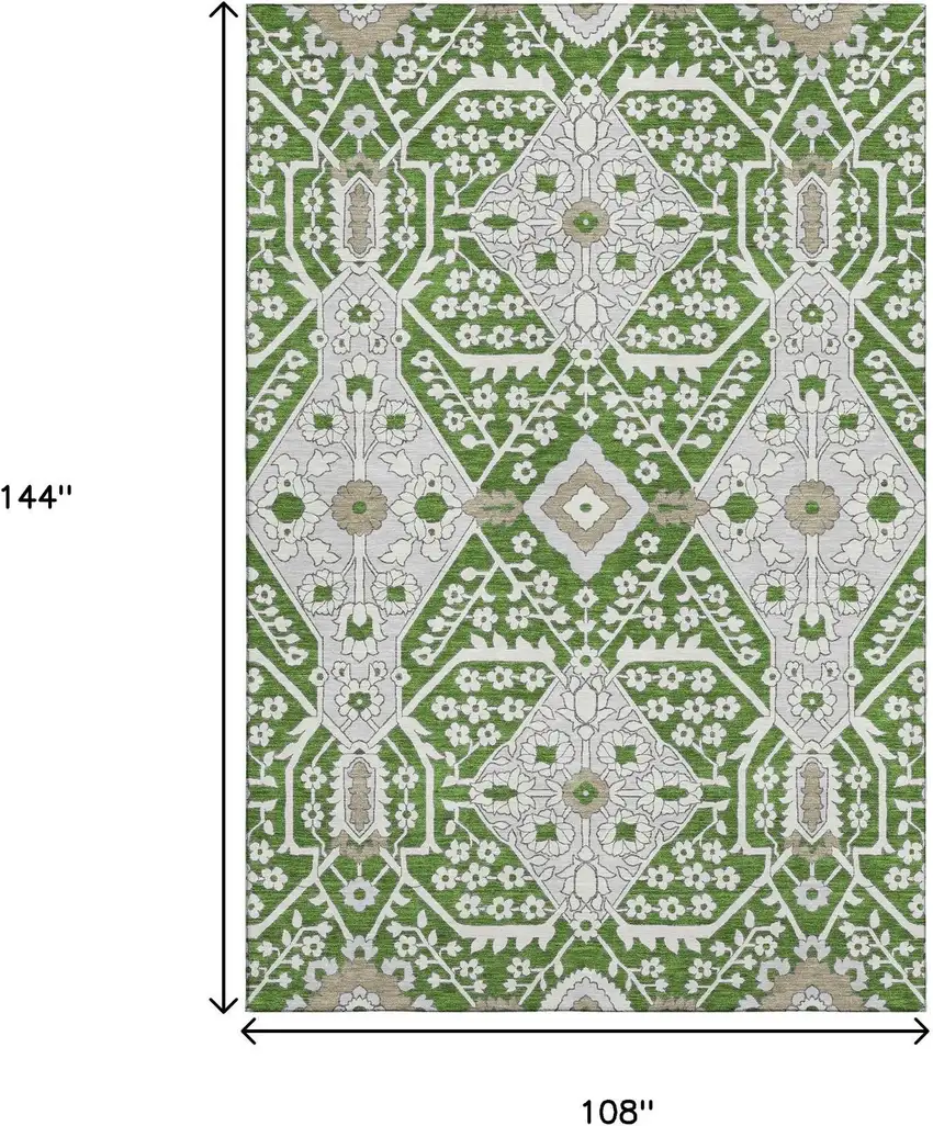Green Ivory And Gray Floral Washable Area Rug With UV Protection Photo 3