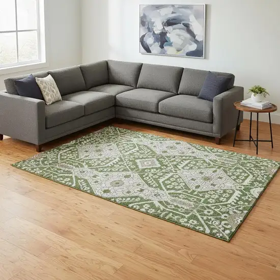 Green Ivory And Gray Floral Washable Area Rug With UV Protection Photo 1
