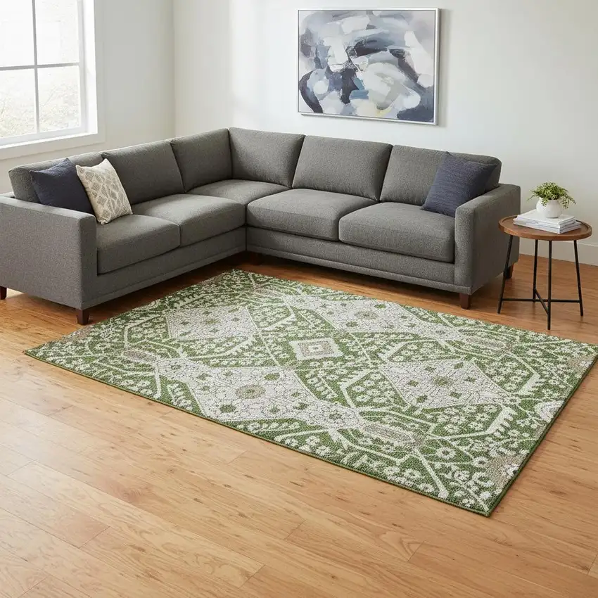 Green Ivory And Gray Floral Washable Area Rug With UV Protection Photo 1