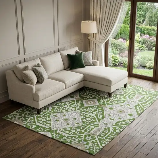 Green Ivory And Gray Floral Washable Area Rug With UV Protection Photo 1
