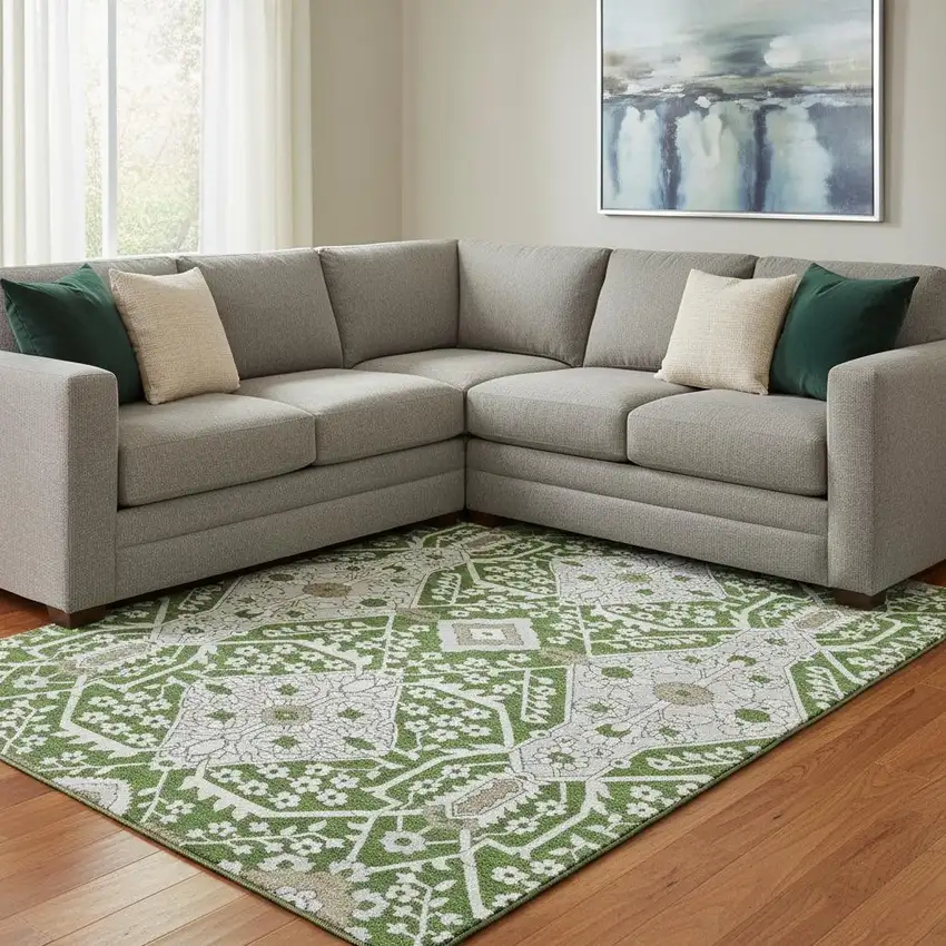 Green Ivory And Gray Floral Washable Area Rug With UV Protection Photo 1