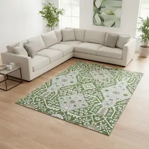 Photo of Green Ivory And Gray Floral Washable Area Rug With UV Protection