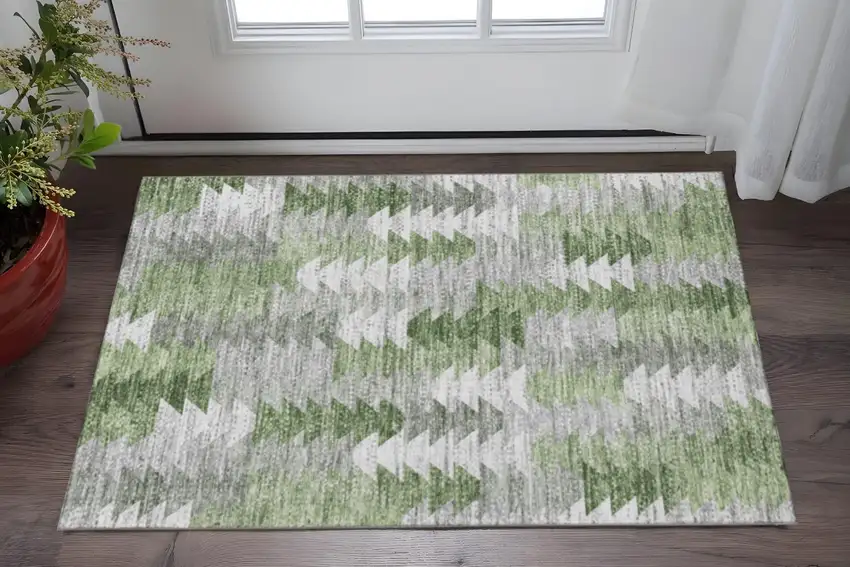 Green Ivory And Gray Geometric Washable Area Rug With UV Protection Photo 2