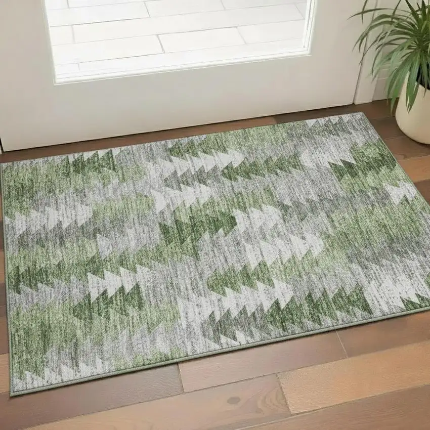 Green Ivory And Gray Geometric Washable Area Rug With UV Protection Photo 1