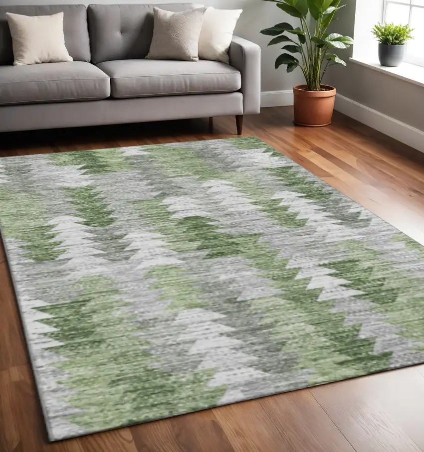 Green Ivory And Gray Geometric Washable Area Rug With UV Protection Photo 2