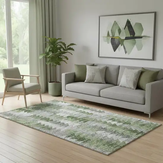 Green Ivory And Gray Geometric Washable Area Rug With UV Protection Photo 1