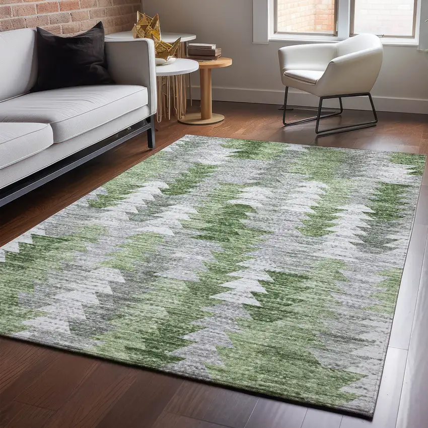 Green Ivory And Gray Geometric Washable Area Rug With UV Protection Photo 4