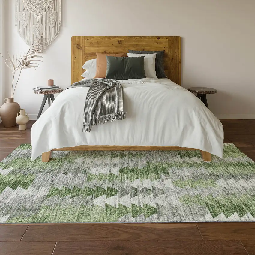 Green Ivory And Gray Geometric Washable Area Rug With UV Protection Photo 6