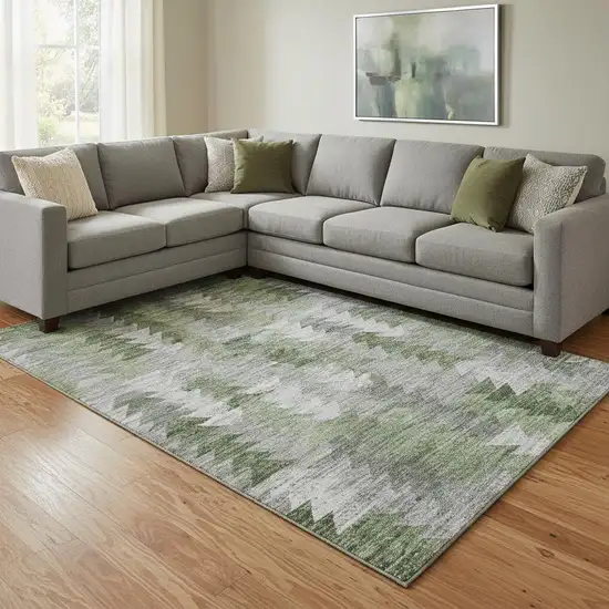 Green Ivory And Gray Geometric Washable Area Rug With UV Protection Photo 1