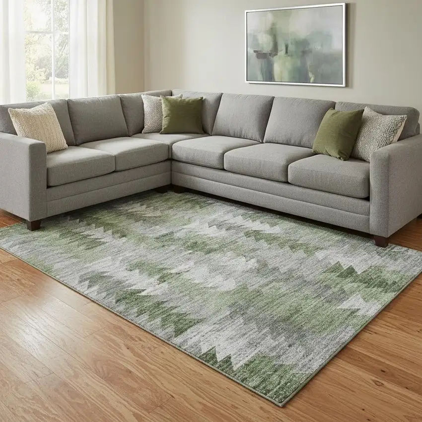 Green Ivory And Gray Geometric Washable Area Rug With UV Protection Photo 1