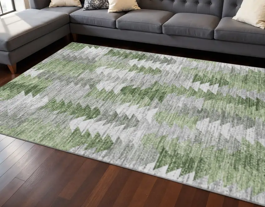 Green Ivory And Gray Geometric Washable Area Rug With UV Protection Photo 2