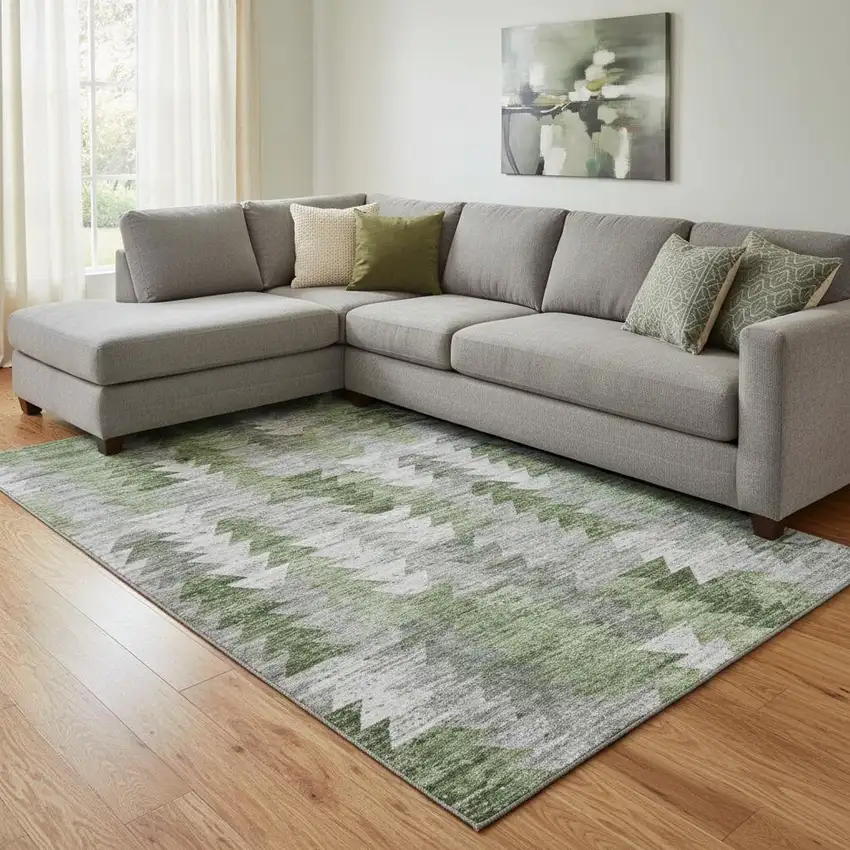 Green Ivory And Gray Geometric Washable Area Rug With UV Protection Photo 1