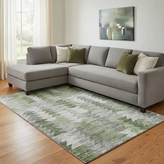 Green Ivory And Gray Geometric Washable Area Rug With UV Protection Photo 1