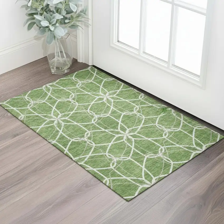 Green Ivory And Gray Geometric Washable Area Rug With UV Protection Photo 2