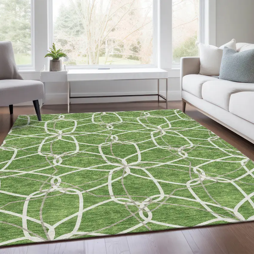 Green Ivory And Gray Geometric Washable Area Rug With UV Protection Photo 4