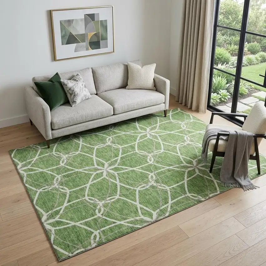 Green Ivory And Gray Geometric Washable Area Rug With UV Protection Photo 1