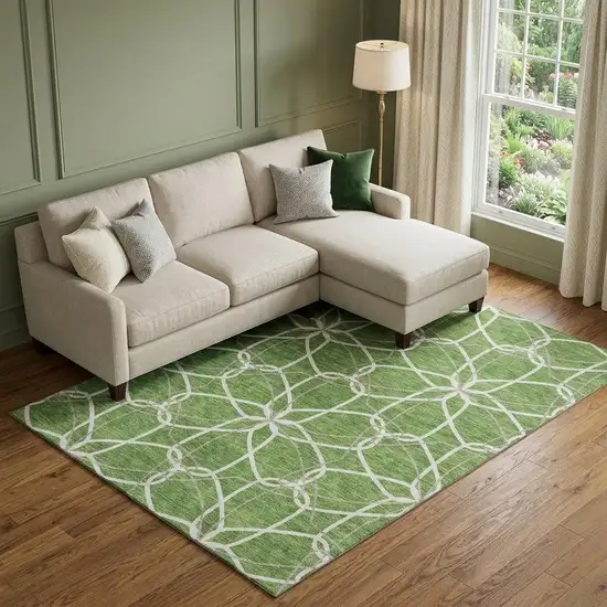 Green Ivory And Gray Geometric Washable Area Rug With UV Protection Photo 1
