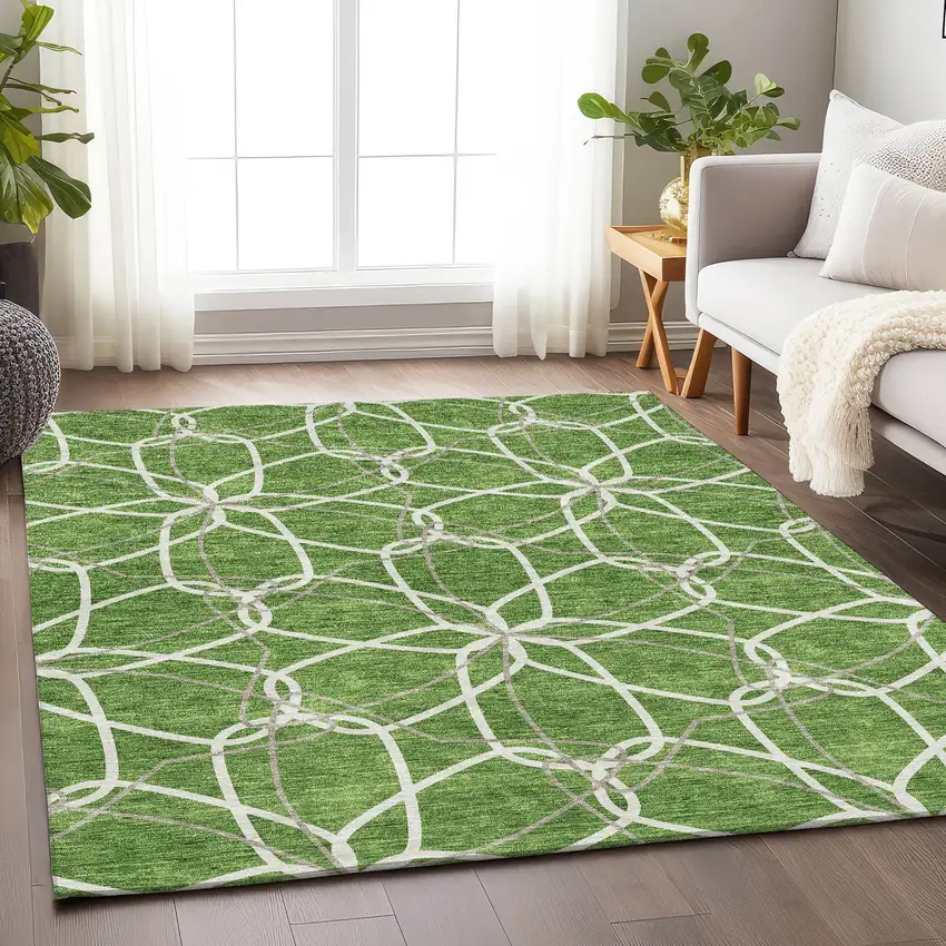 Green Ivory And Gray Geometric Washable Area Rug With UV Protection Photo 3