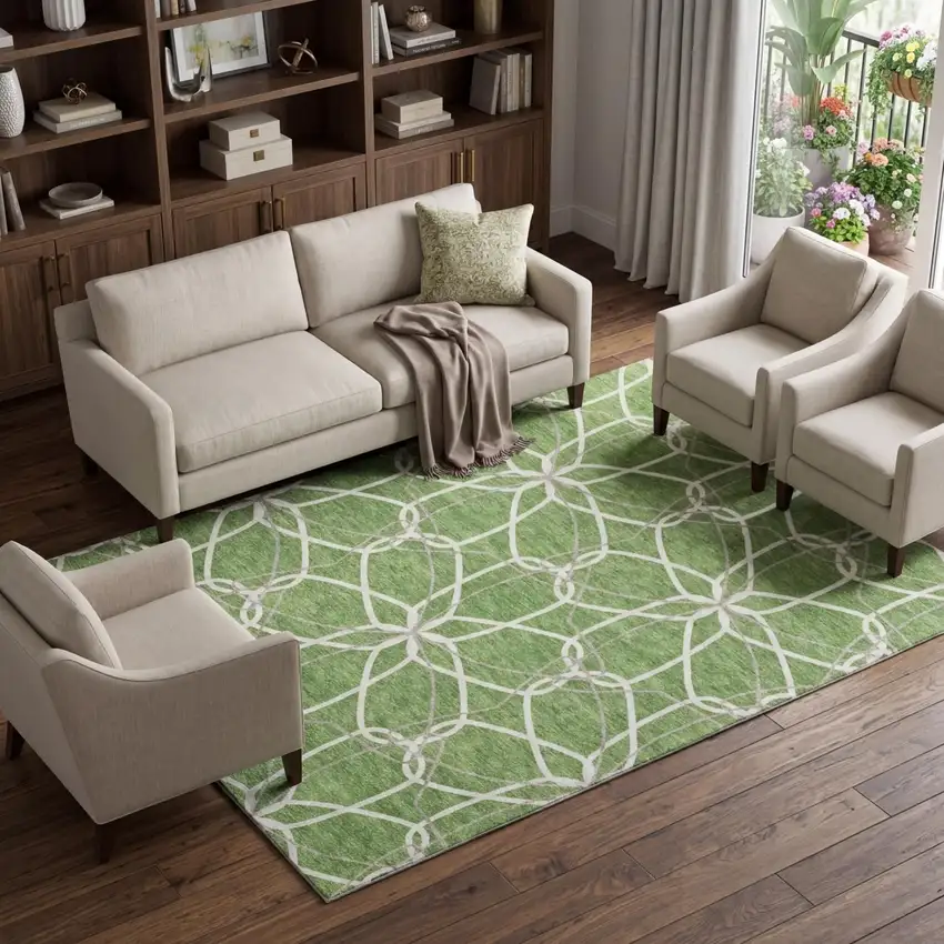 Green Ivory And Gray Geometric Washable Area Rug With UV Protection Photo 1