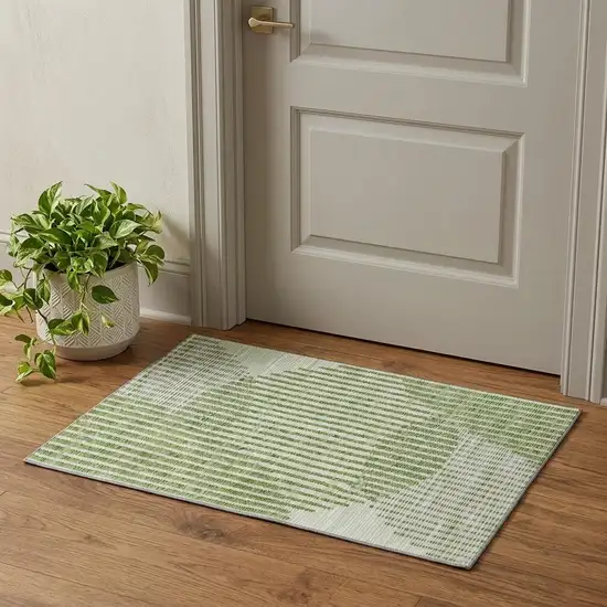 Green Ivory And Gray Geometric Washable Area Rug With UV Protection Photo 1