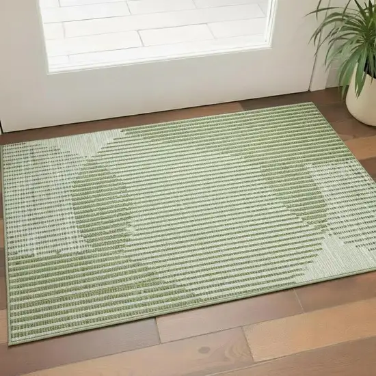 Green Ivory And Gray Geometric Washable Area Rug With UV Protection Photo 2