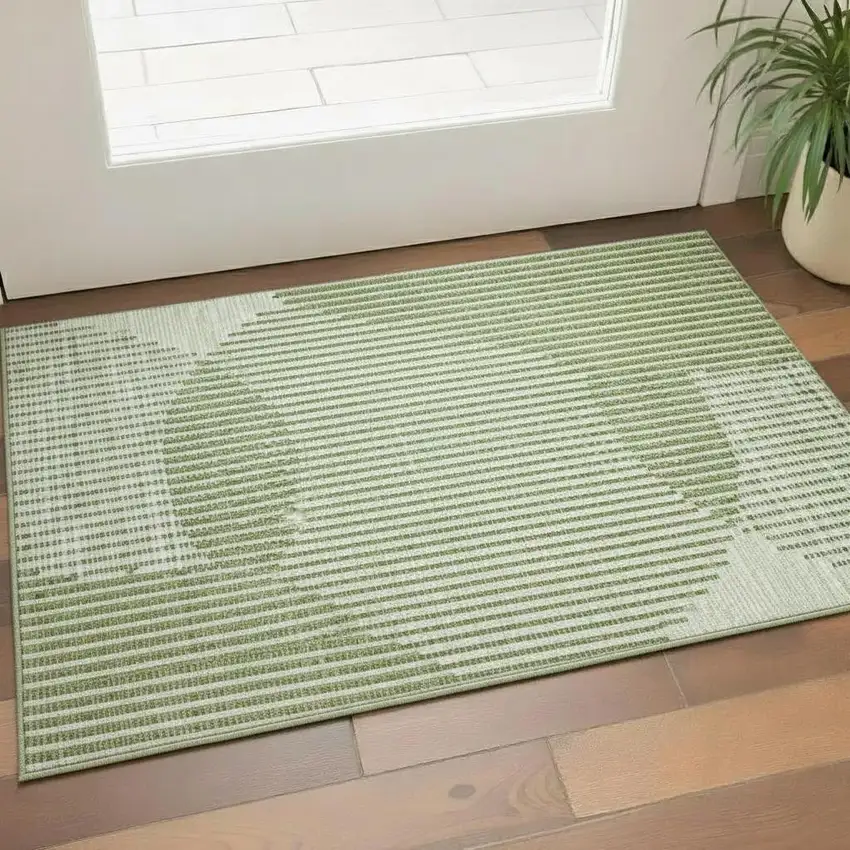 Green Ivory And Gray Geometric Washable Area Rug With UV Protection Photo 2