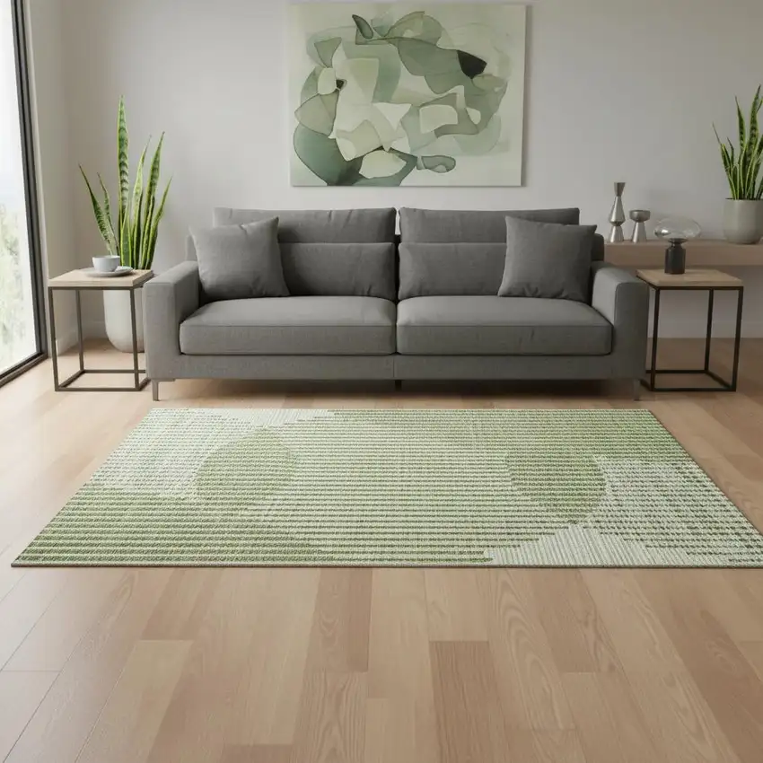 Green Ivory And Gray Geometric Washable Area Rug With UV Protection Photo 2