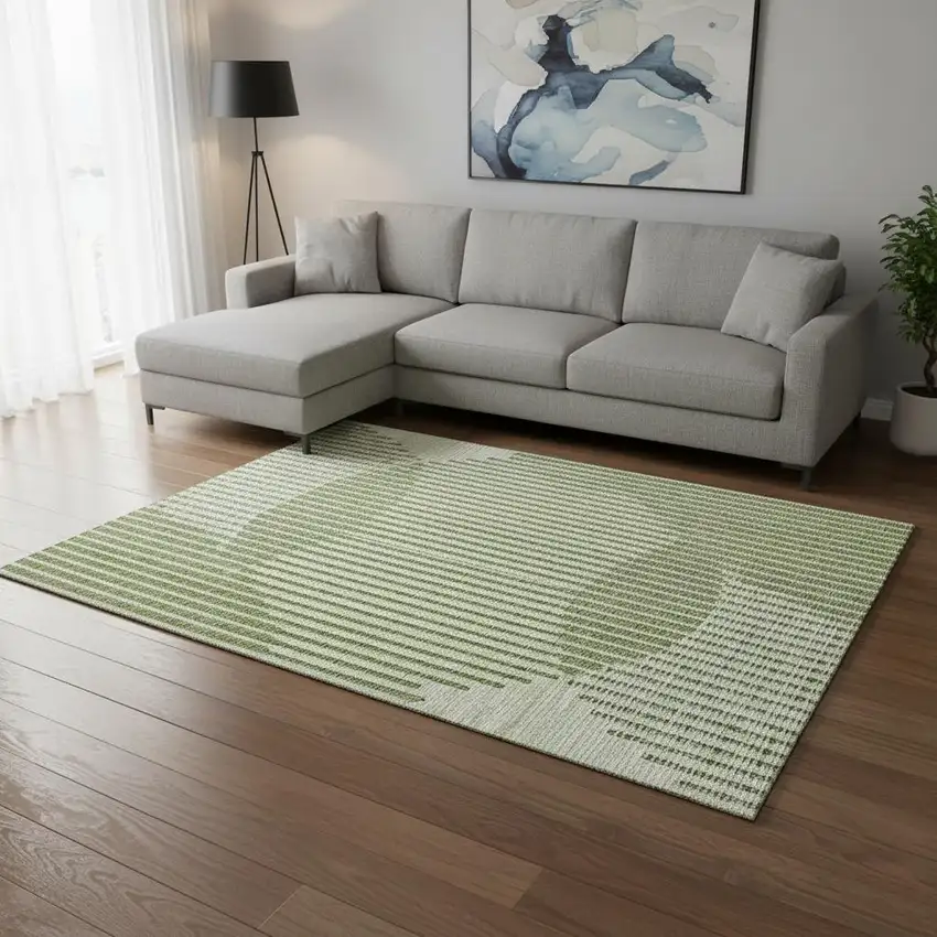 Green Ivory And Gray Geometric Washable Area Rug With UV Protection Photo 2