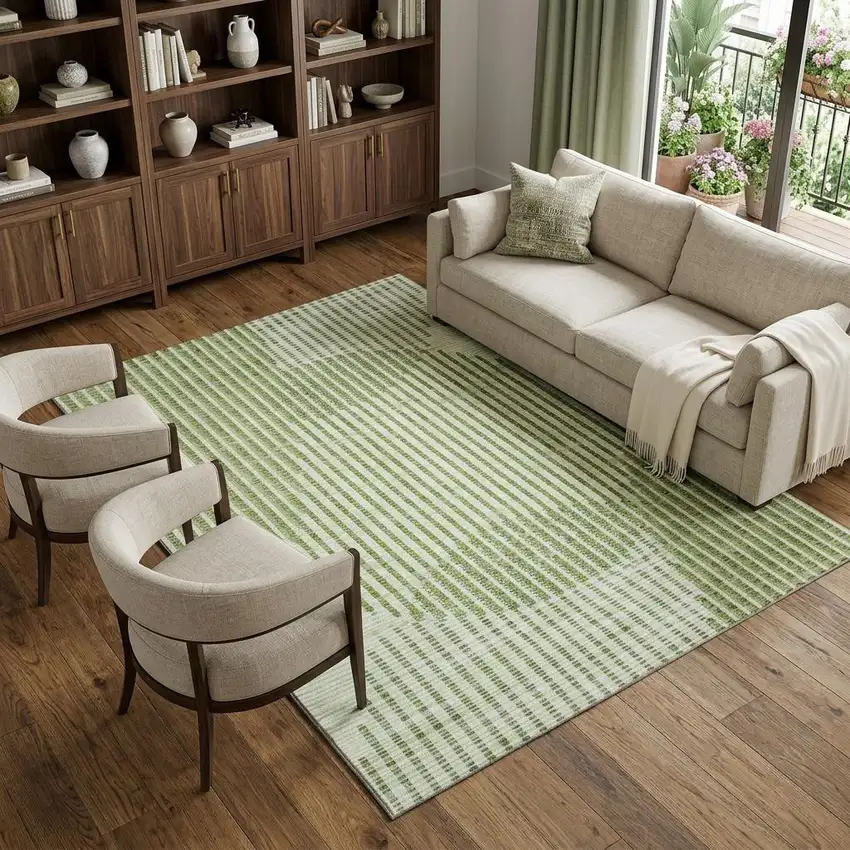 Green Ivory And Gray Geometric Washable Area Rug With UV Protection Photo 1