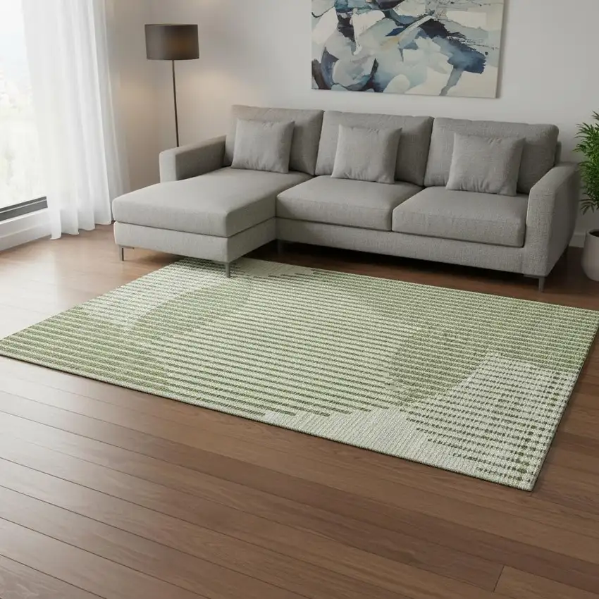 Green Ivory And Gray Geometric Washable Area Rug With UV Protection Photo 2