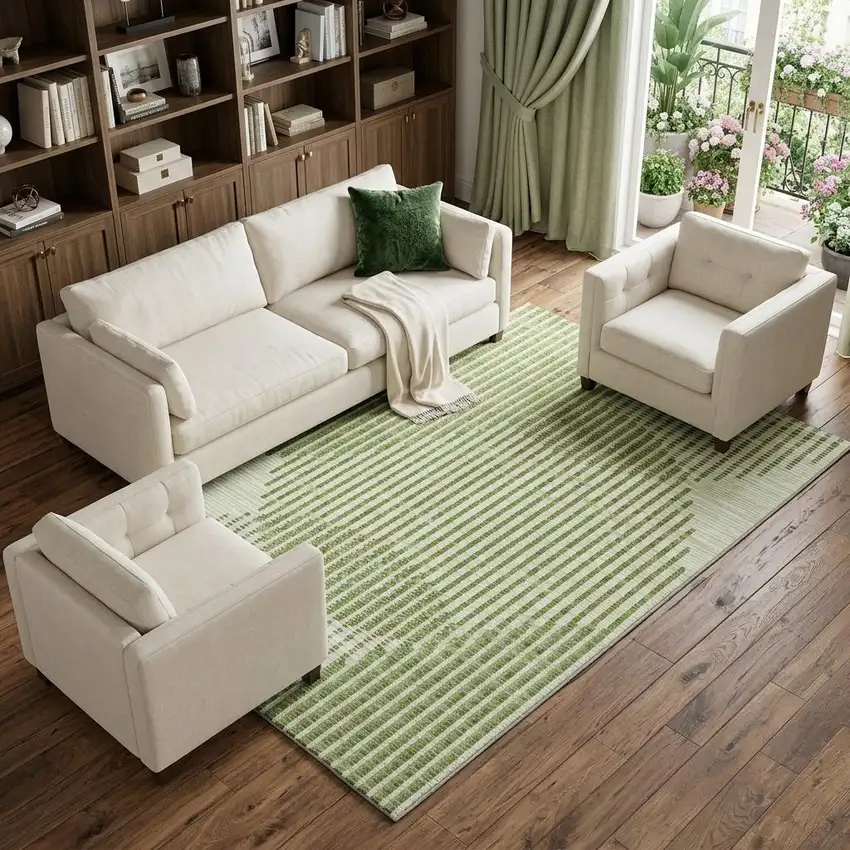 Green Ivory And Gray Geometric Washable Area Rug With UV Protection Photo 1
