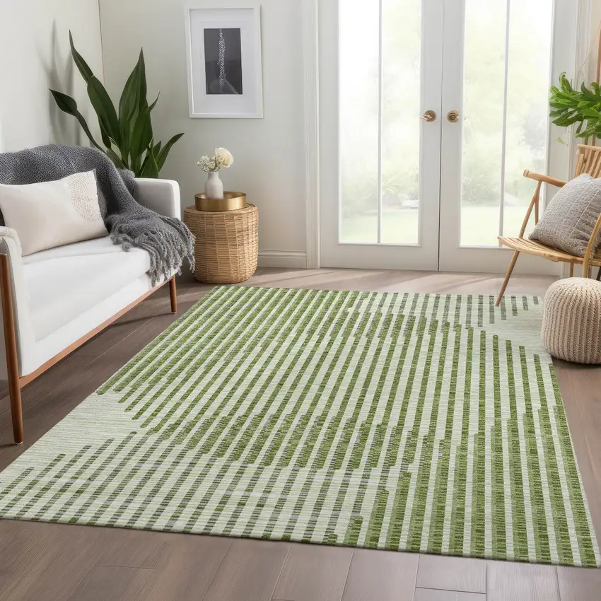 Green Ivory And Gray Geometric Washable Area Rug With UV Protection Photo 5