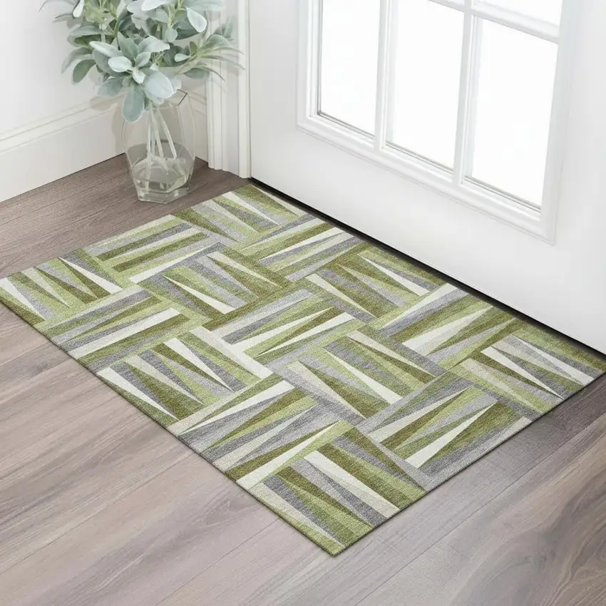 Green Ivory And Gray Geometric Washable Area Rug With UV Protection Photo 2