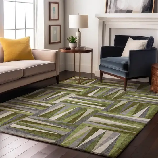 Green Ivory And Gray Geometric Washable Area Rug With UV Protection Photo 3