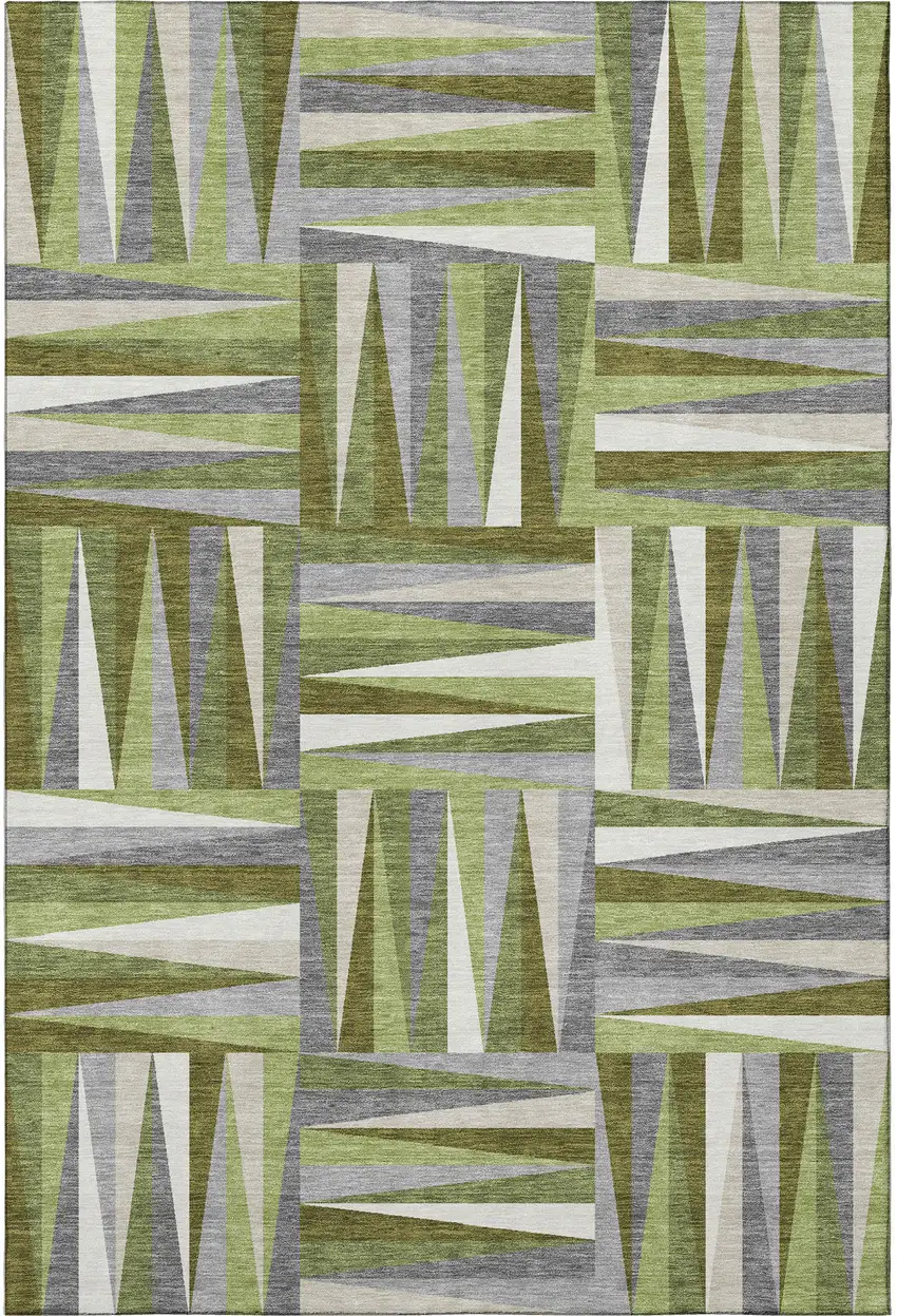 Green Ivory And Gray Geometric Washable Area Rug With UV Protection Photo 2