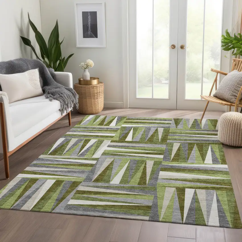 Green Ivory And Gray Geometric Washable Area Rug With UV Protection Photo 5