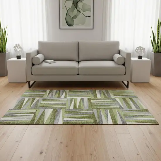 Green Ivory And Gray Geometric Washable Area Rug With UV Protection Photo 2