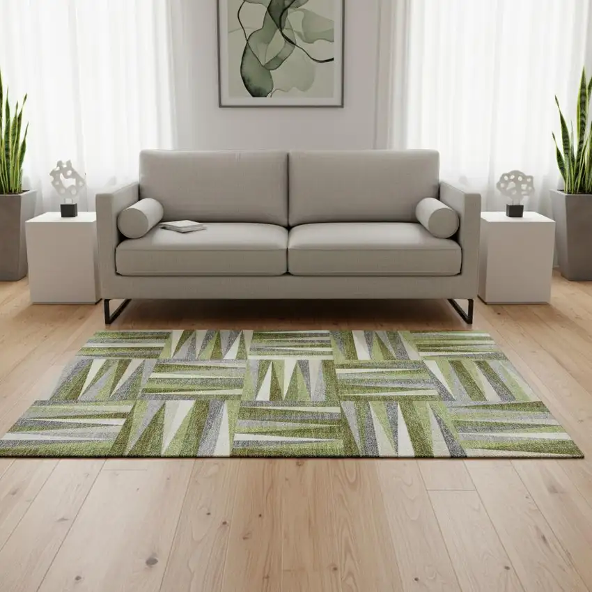 Green Ivory And Gray Geometric Washable Area Rug With UV Protection Photo 2